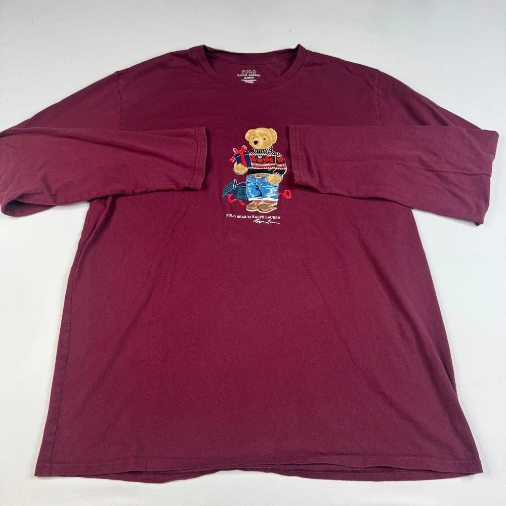 Polo‎ Bear Ralph Lauren T-Shirt Mens XL Burgundy Long Sleeve Holiday Graphic